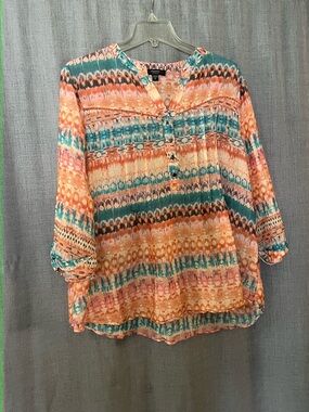 Cocomo Coral, Teal & Cream Patterned Peasant Blouse